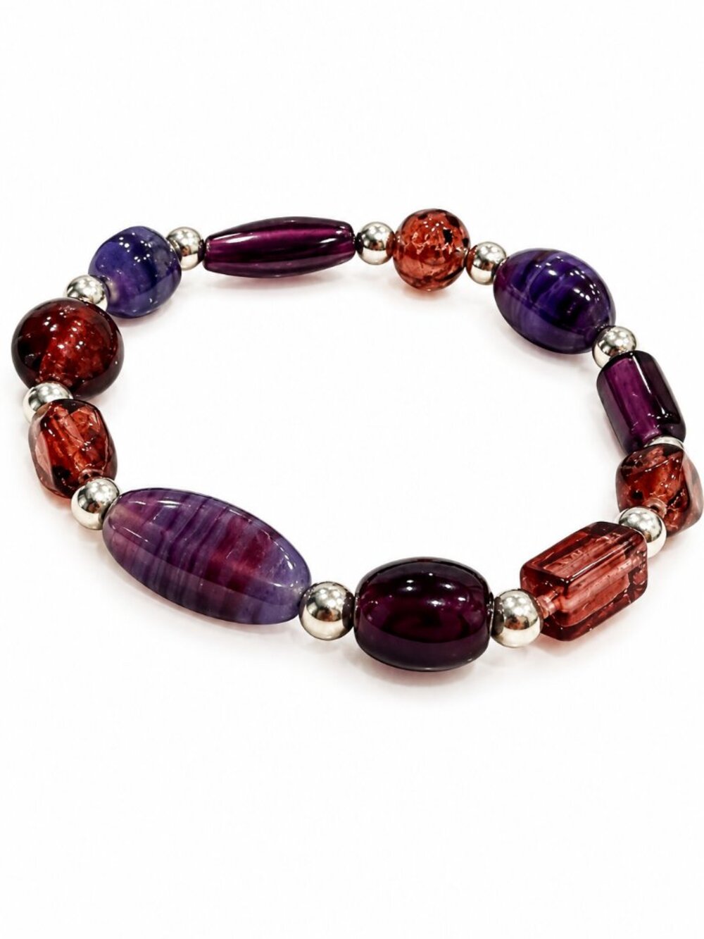 Mixed Material Purple Red Beaded Stretch Bracelet Silver Tone 7.5"